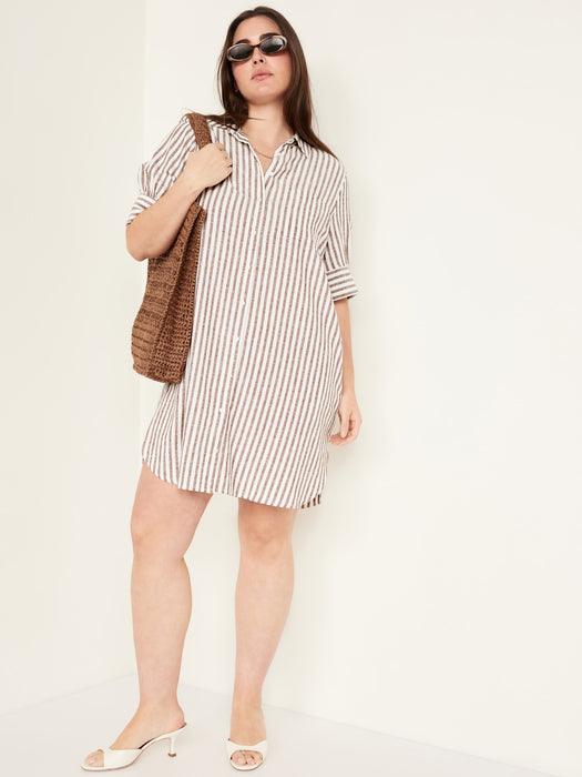 Puff-Sleeve Linen-Blend Shirt Dress