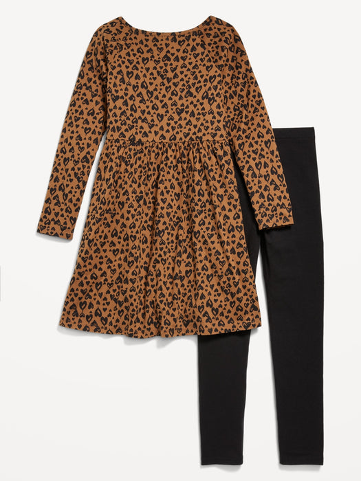 Long-Sleeve Fit and Flare Dress and Leggings Set for Girls