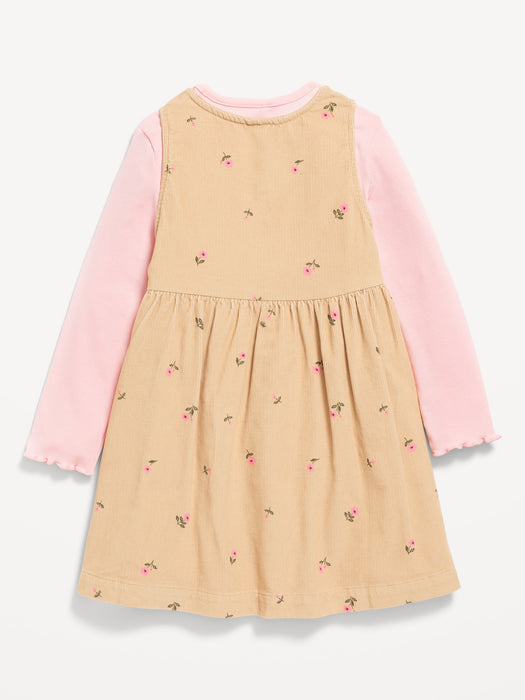 Printed Sleeveless Corduroy Dress and Top Set for Toddler Girls