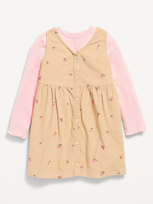 Printed Sleeveless Corduroy Dress and Top Set for Toddler Girls