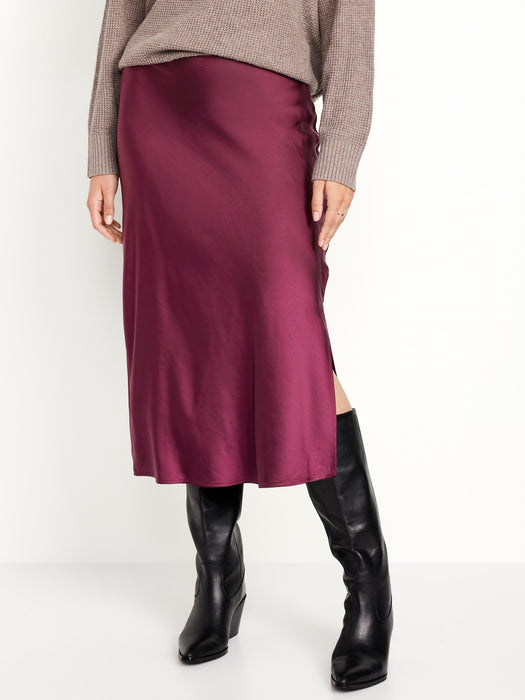 High-Waisted Satin Midi Slip Skirt