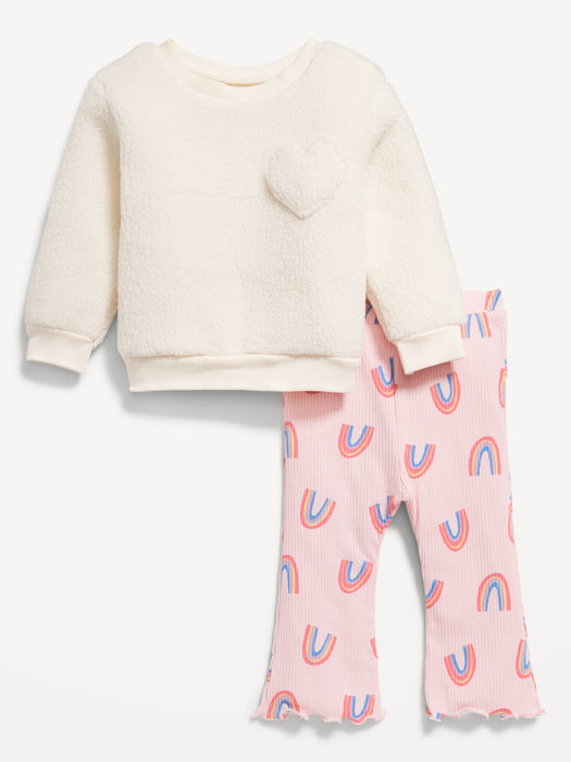 Sherpa Heart-Pocket Sweatshirt and Ribbed Leggings Set for Baby