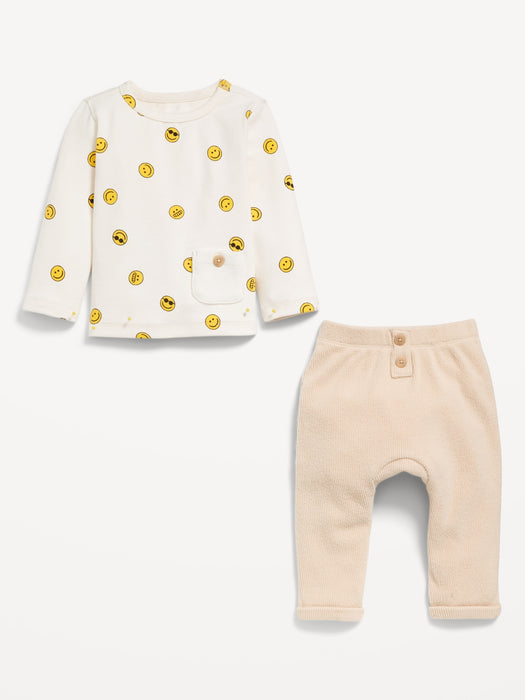 Printed Buttoned-Pocket T-Shirt and Cozy-Knit Pants Set for Baby