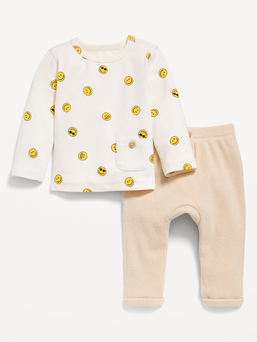 Printed Buttoned-Pocket T-Shirt and Cozy-Knit Pants Set for Baby