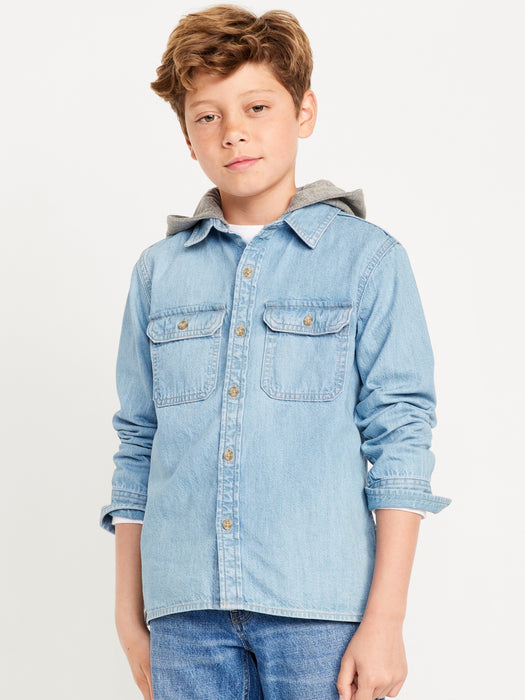 Long-Sleeve Hooded Utility Jean Shirt for Boys