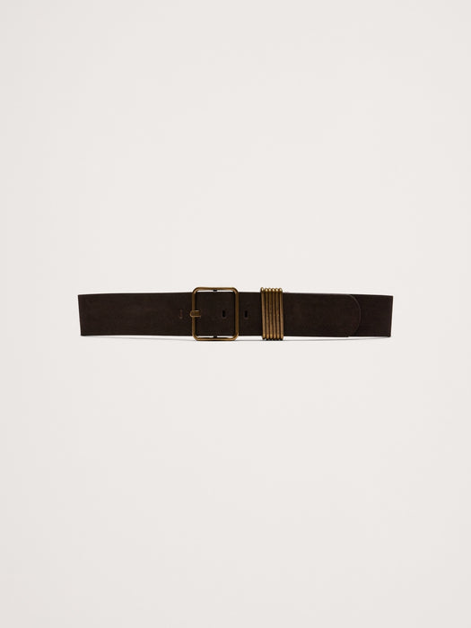 Leather Square-Buckle Waist Belt with 6 Bars