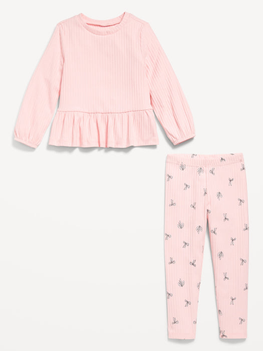 Cozy Long-Sleeve Ribbed Peplum Top and Leggings Set for Toddler Girls