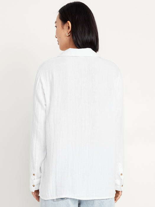 Crinkle Gauze Button-Down Boyfriend Shirt