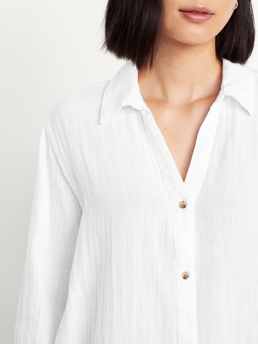 Crinkle Gauze Button-Down Boyfriend Shirt