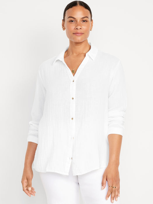 Crinkle Gauze Button-Down Boyfriend Shirt
