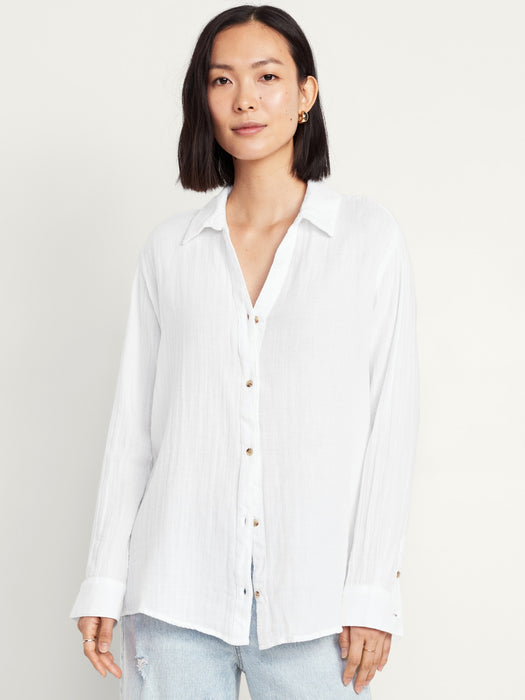 Crinkle Gauze Button-Down Boyfriend Shirt