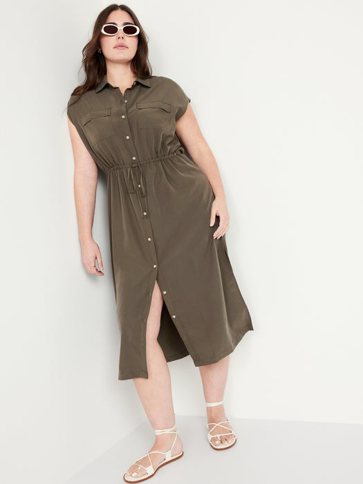 Waist-Defined Utility Midi Shirt Dress