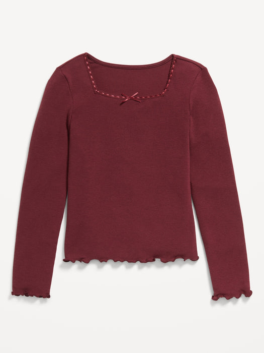 Long-Sleeve Square-Neck Ribbon-Bow Top for Girls