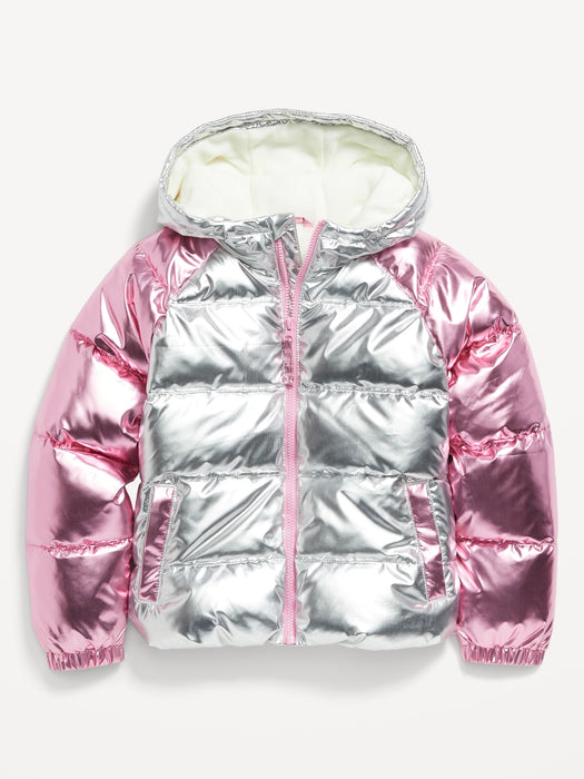 Water-Resistant Metallic Quilted Puffer Jacket for Girls