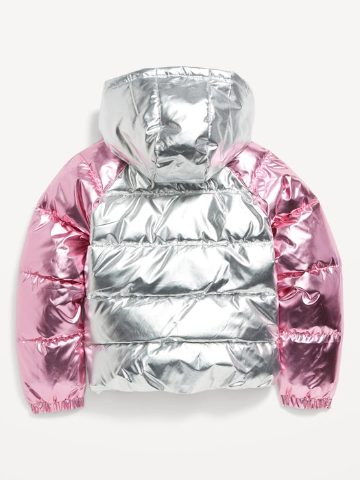 Water-Resistant Metallic Quilted Puffer Jacket for Girls