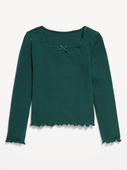 Long-Sleeve Square-Neck Ribbon-Bow Top for Girls