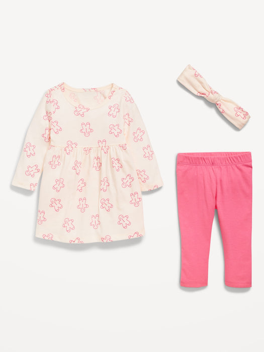 Printed Long-Sleeve Dress, Leggings, and Headband Set for Baby