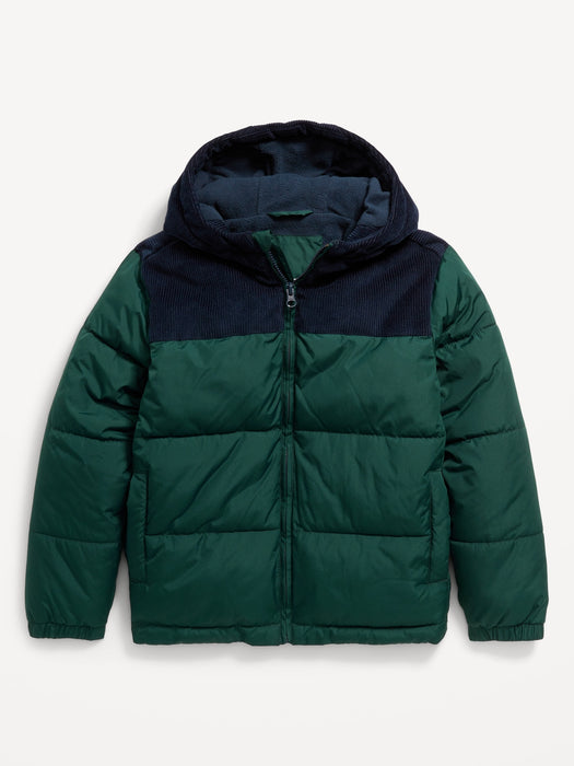 Hooded Corduroy-Trim Puffer Jacket for Boys