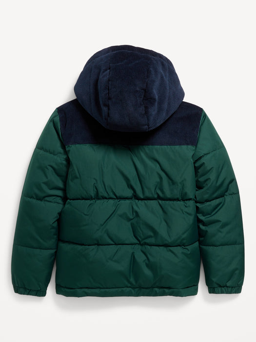 Hooded Corduroy-Trim Puffer Jacket for Boys