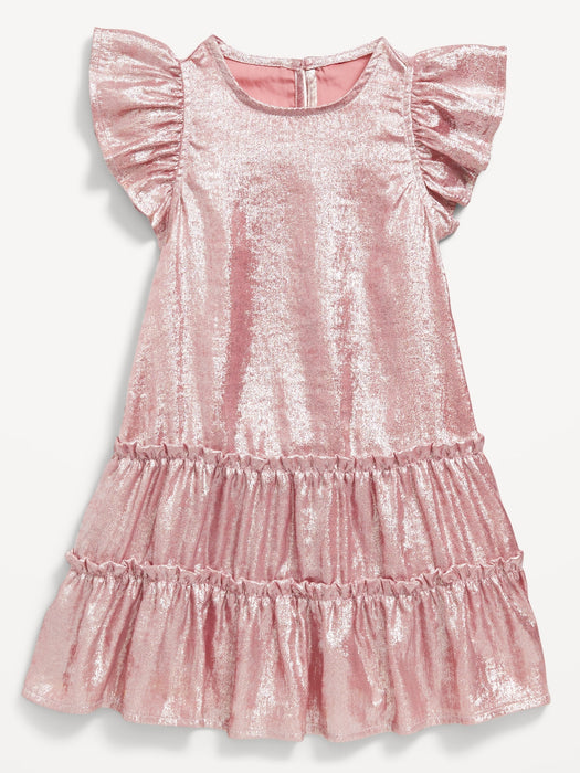 Shiny Flutter-Sleeve Tiered Dress for Toddler Girls