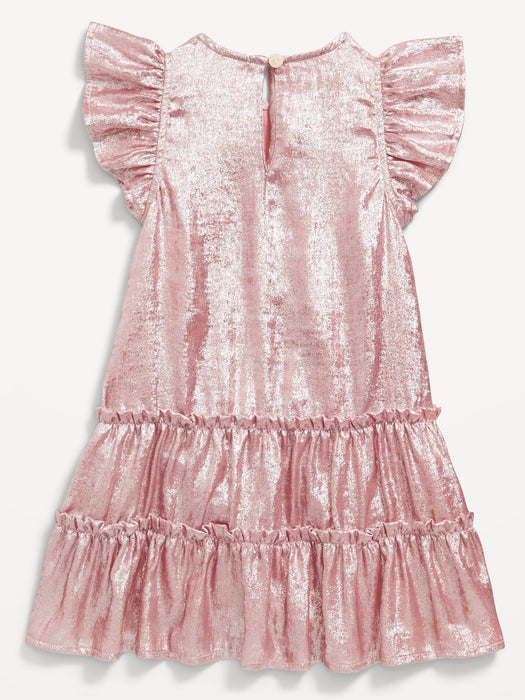 Shiny Flutter-Sleeve Tiered Dress for Toddler Girls