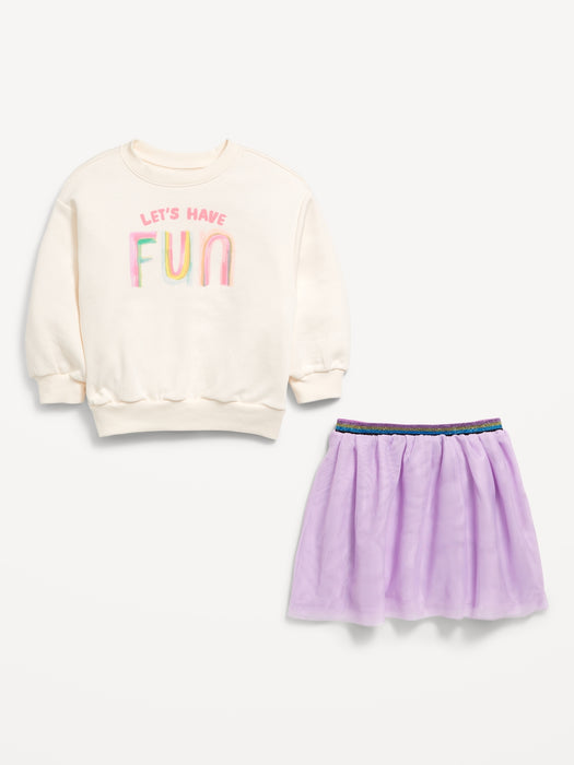 Crew-Neck Graphic Sweatshirt and Tulle Skirt Set for Toddler Girls