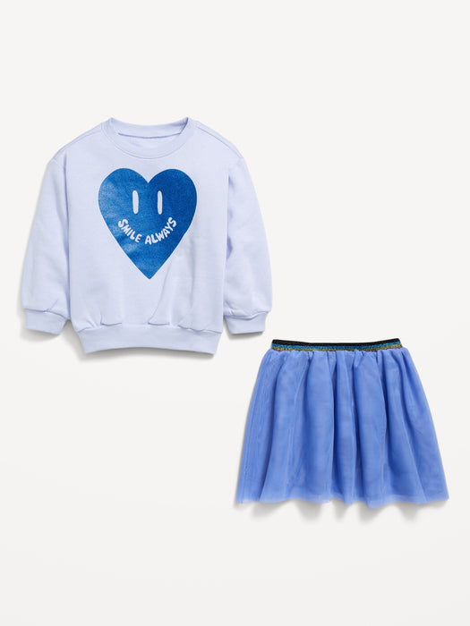 Crew-Neck Graphic Sweatshirt and Tulle Skirt Set for Toddler Girls