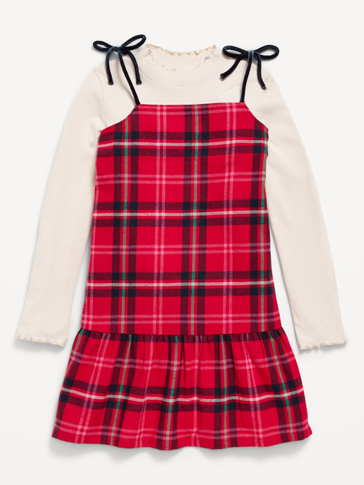 Printed Sleeveless Dress and Mock-Neck Top Set for Girls