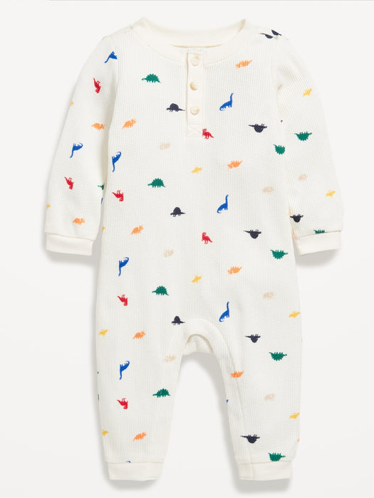 Printed Long-Sleeve Thermal-Knit Henley One-Piece for Baby