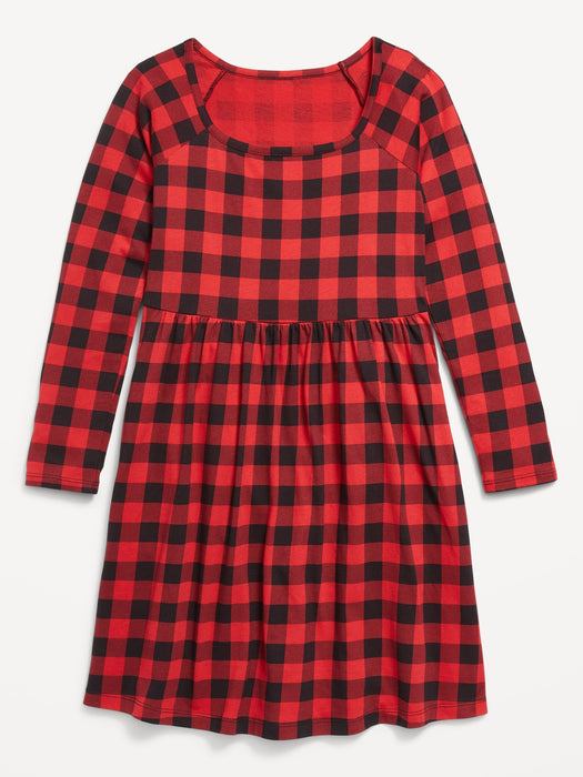 Long-Sleeve Printed Fit and Flare Dress for Girls