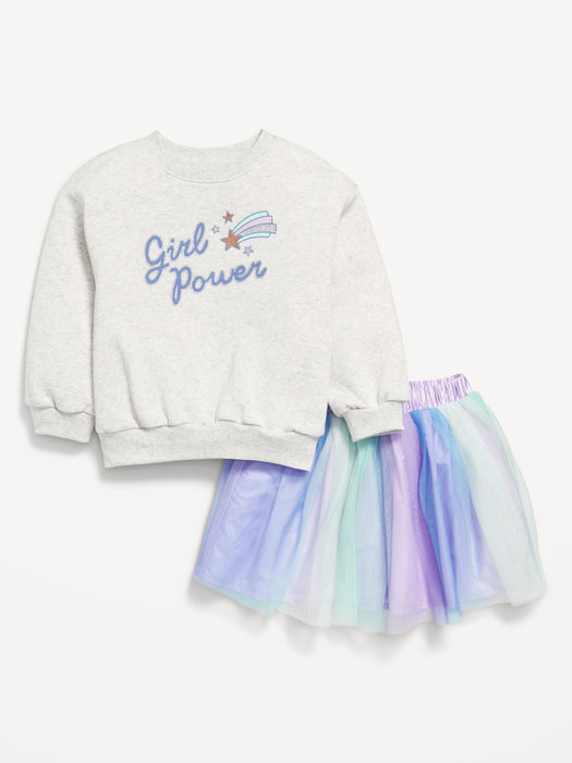 Crew-Neck Graphic Sweatshirt and Tulle Skirt Set for Toddler Girls