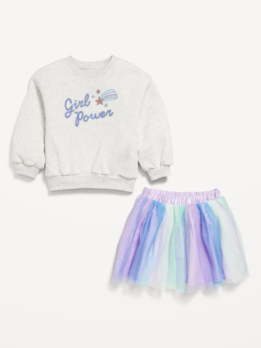 Crew-Neck Graphic Sweatshirt and Tulle Skirt Set for Toddler Girls
