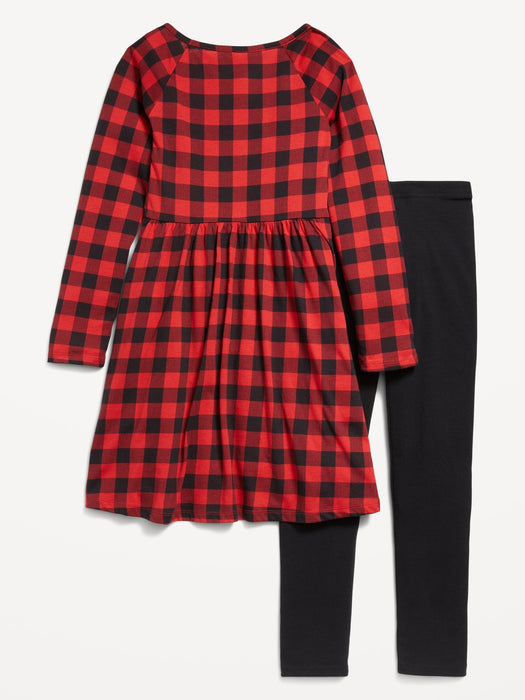 Long-Sleeve Fit and Flare Dress and Leggings Set for Girls