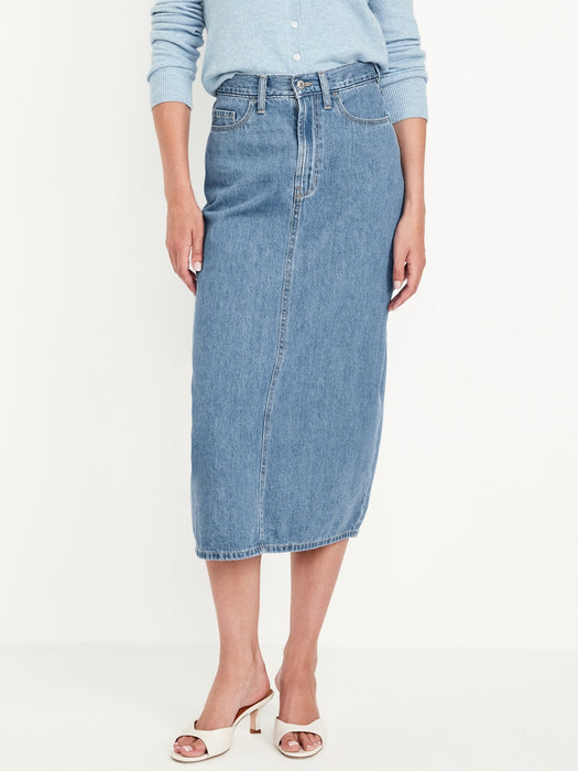 High-Waisted Wow Jean Midi Skirt