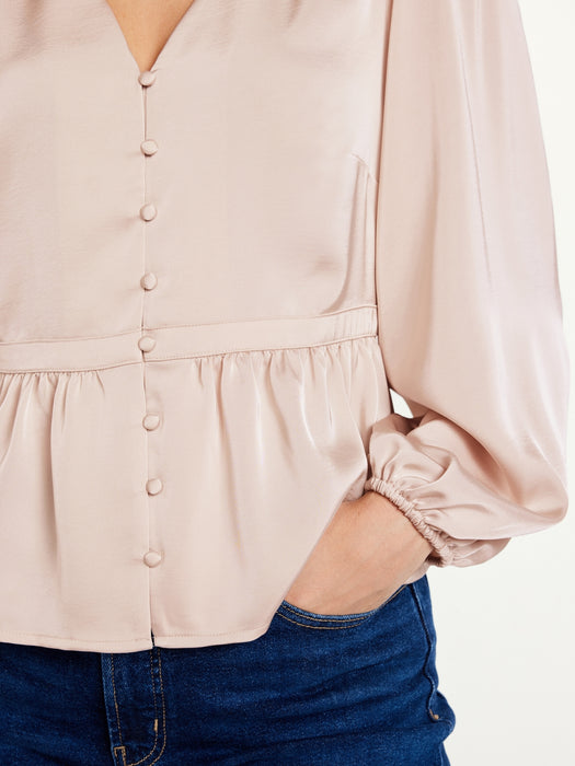 Waist-Defined Satin Peplum Top