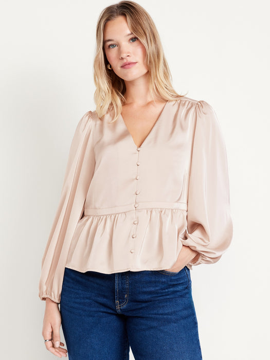 Waist-Defined Satin Peplum Top