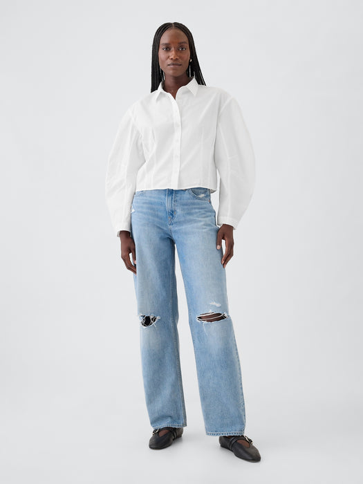 Organic Cotton Poplin Barrel-Sleeve Crop Shirt