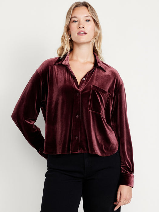 Velvet Cropped Button-Down Shirt