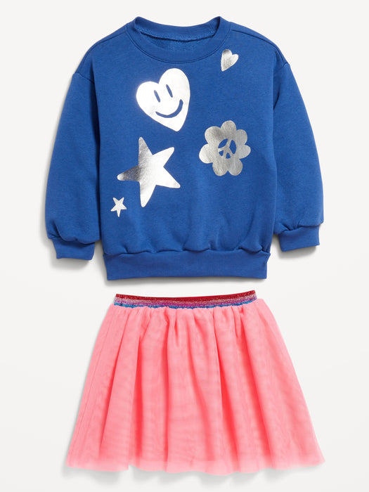 Crew-Neck Graphic Sweatshirt and Tulle Skirt Set for Toddler Girls