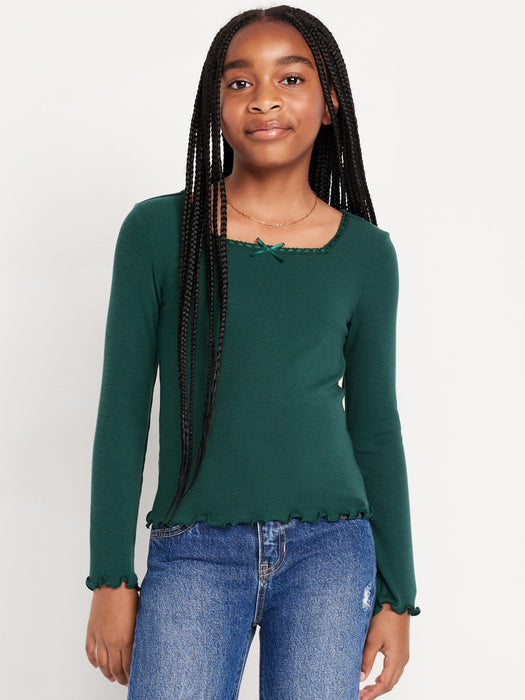 Long-Sleeve Square-Neck Ribbon-Bow Top for Girls