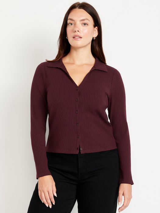 Slim Ribbed Button-Down Top