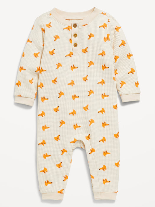 Printed Long-Sleeve Thermal-Knit Henley One-Piece for Baby