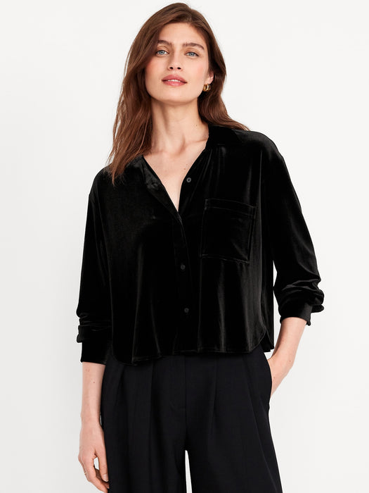 Velvet Cropped Button-Down Shirt