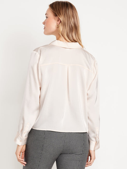 Satin Cropped Button-Down Shirt