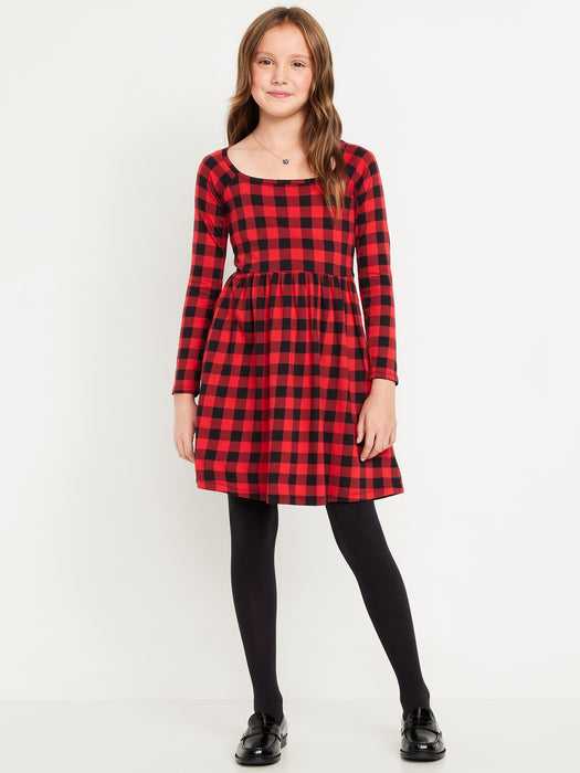 Long-Sleeve Printed Fit and Flare Dress for Girls