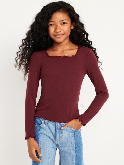 Long-Sleeve Square-Neck Ribbon-Bow Top for Girls