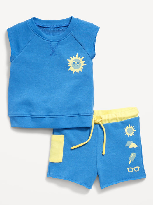 French-Terry Cut-Off Sweatshirt and Shorts Set for Baby