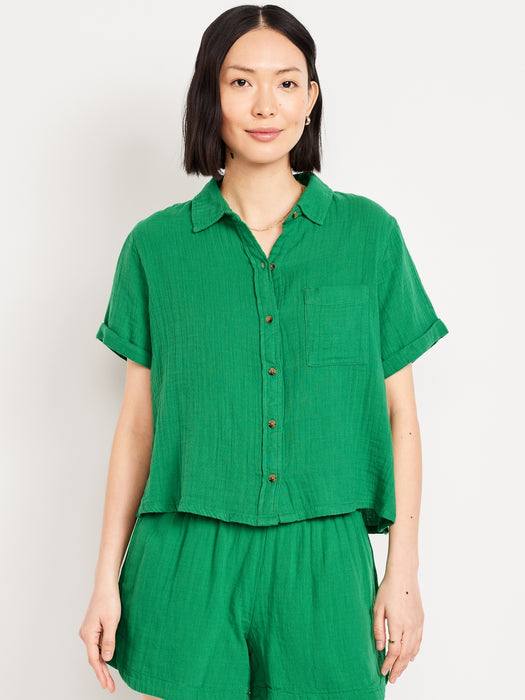 Crinkle Gauze Loose Button-Down Shirt
