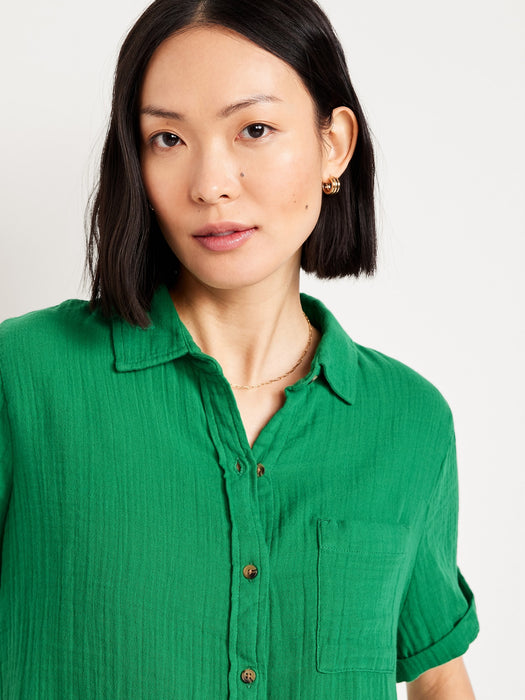 Crinkle Gauze Loose Button-Down Shirt