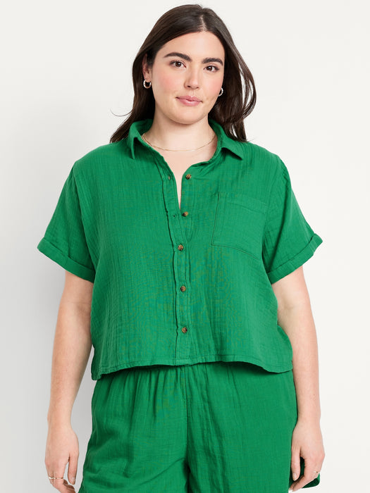 Crinkle Gauze Loose Button-Down Shirt